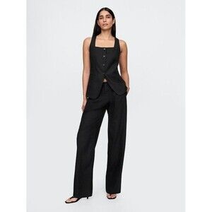 New Gap Pants 10 Tall 365 Low‎ Rise Linen Blend Pleated Trousers Wide Leg Black